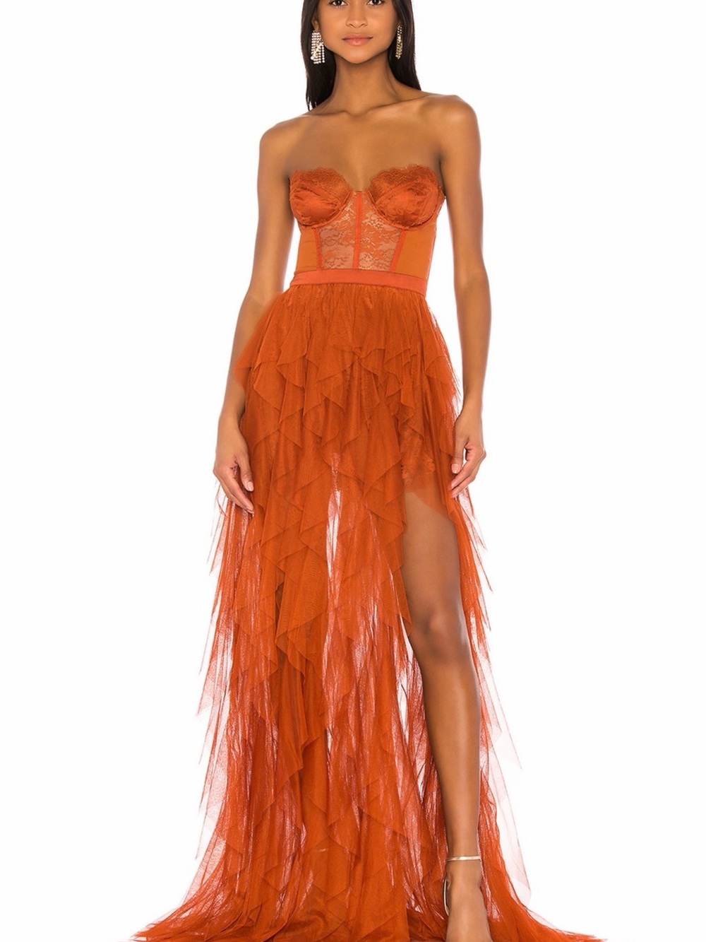 For Love & Lemons Strapless Ruffled Tulle Gown in Rust Orange - Picture 1 of 7